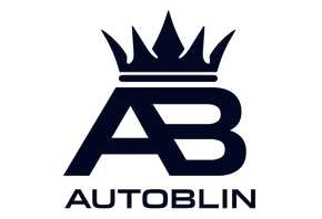 Logotipo azul oscuro con corona encima de letras "AB" entrelazadas; texto "AUTOBLIN" debajo.