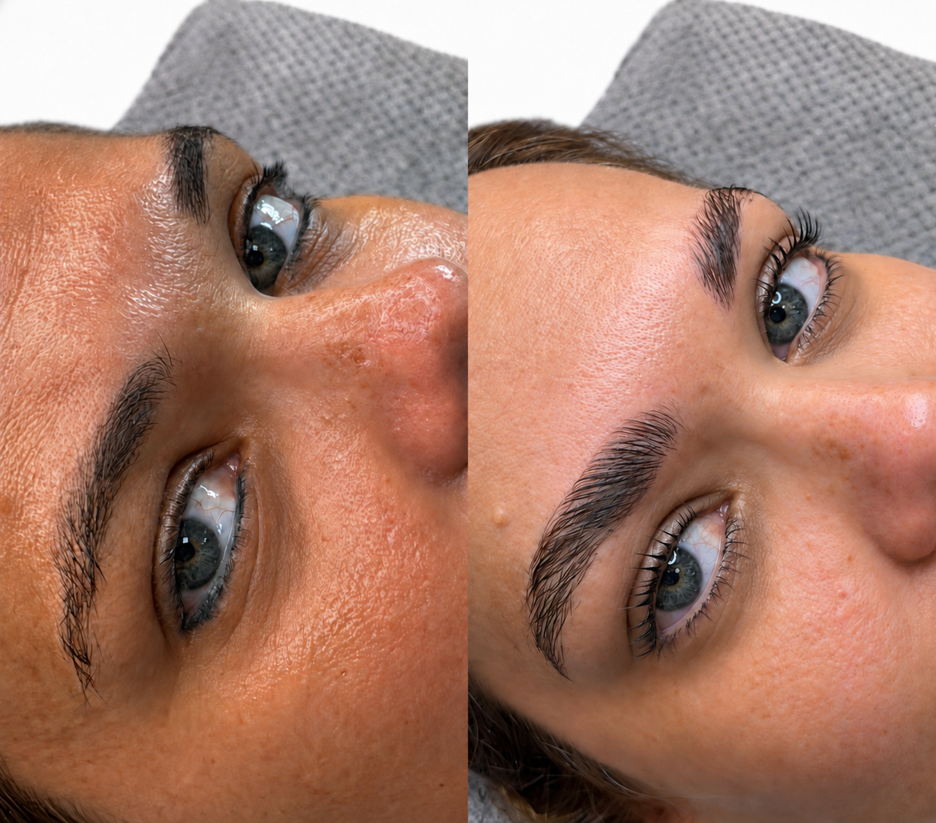 Primer plano de un rostro en vistas paralelas, mostrando piel luminosa y maquillaje sobre un fondo gris texturizado.