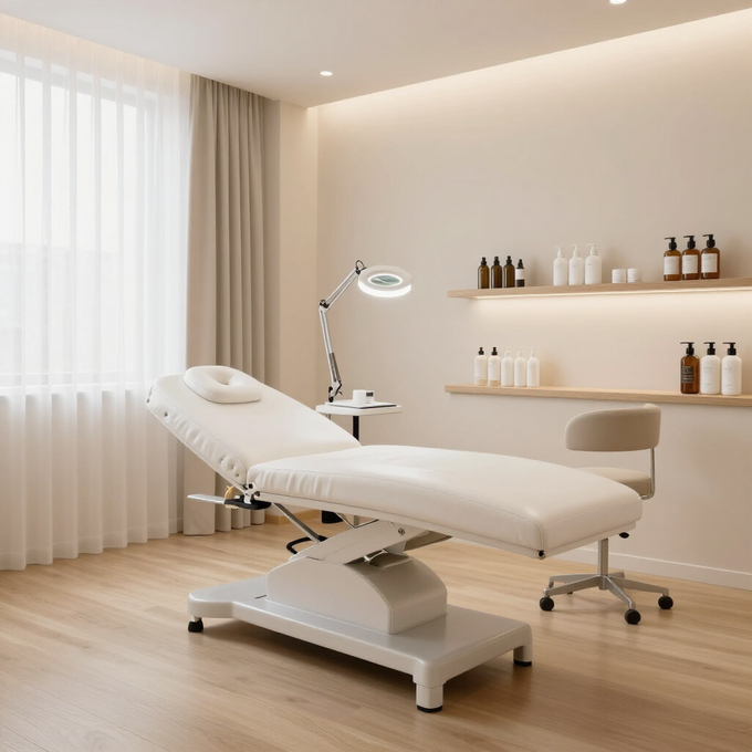 Sala de tratamientos de spa minimalista con camilla de masaje blanca, lámpara y estantes con productos para el cuidado 