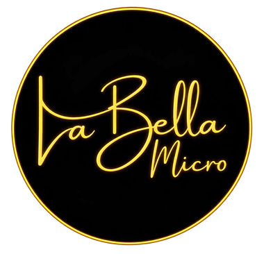Logotipo de La Bella Micro en letras doradas sobre un fondo circular negro.