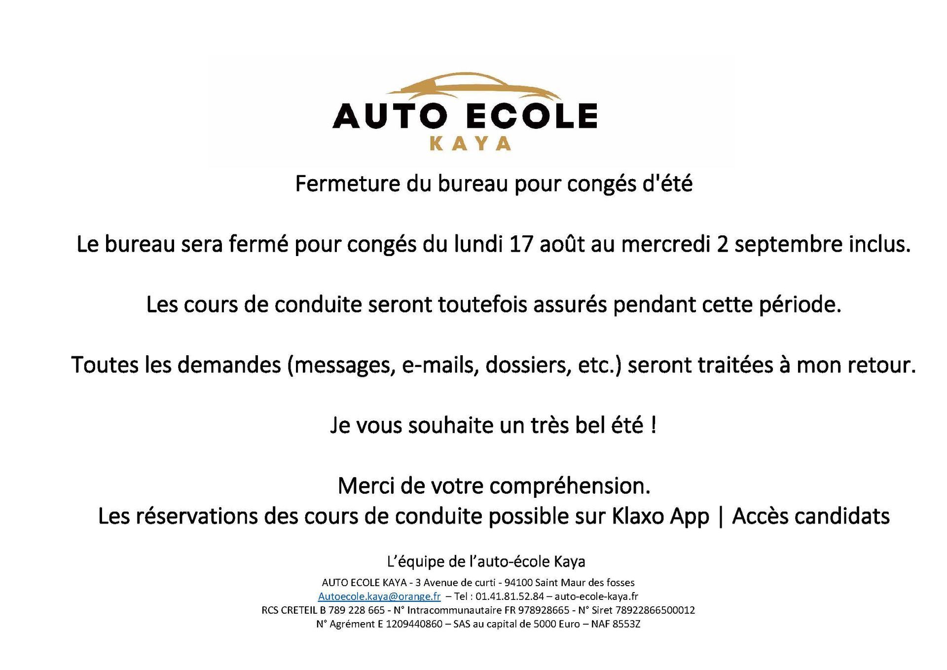 Avis de fermeture pour les fêtes de l'Auto Ecole Kaya, du 24 décembre 2025 au 3 janvier 2026, sur un fond vert festif.
