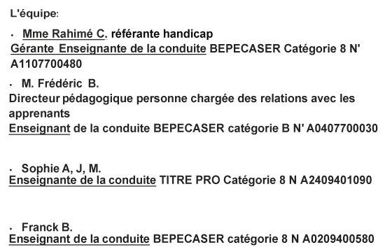 Organigramme de l'auto école Kaya