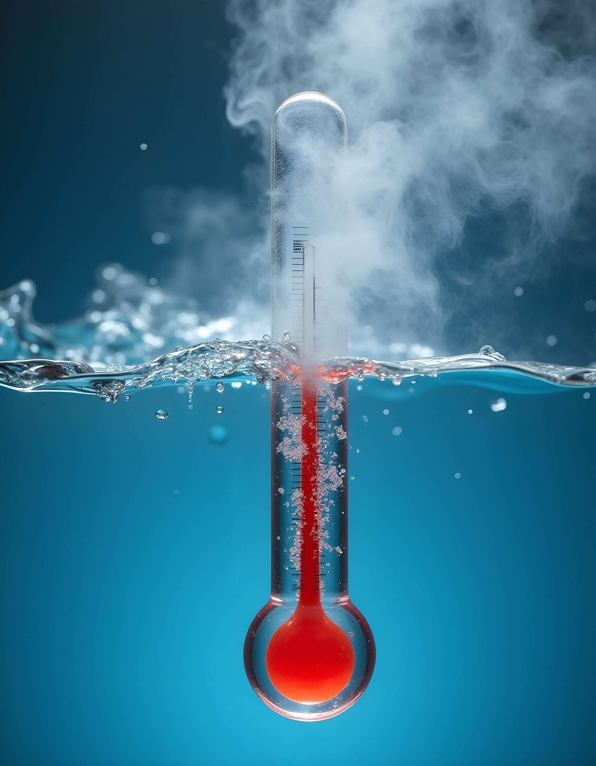 Thermomètre immergé dans l'eau, de la vapeur s'en échappe.