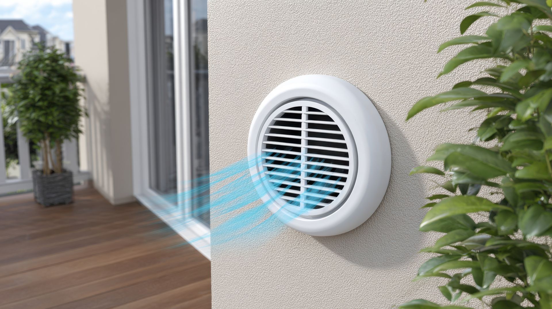 Grille d'aération blanche sur un mur en stuc, laissant passer des courants d'air bleus.