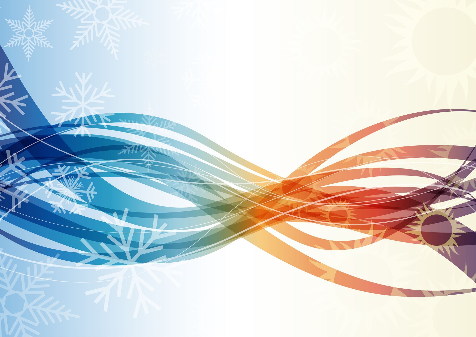 Illustration du chaud et du froid ; flocons de neige bleus, soleils orange et rouges, lignes ondulées.