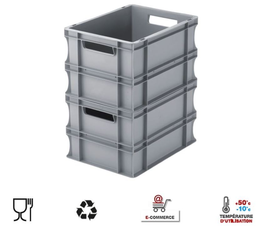 Bacs PP gris poignées ouvertes 55L empilables, aptes au contact alimentaire