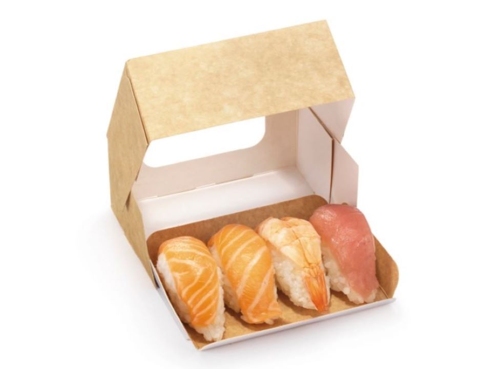 Boite de carton kraft avec fenêtre en PET recyclable et plateau amovible résiste jusqu'à 40°C