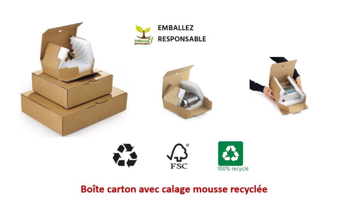 Boite carton avec calage mousse recyclée disponible en 7 formats