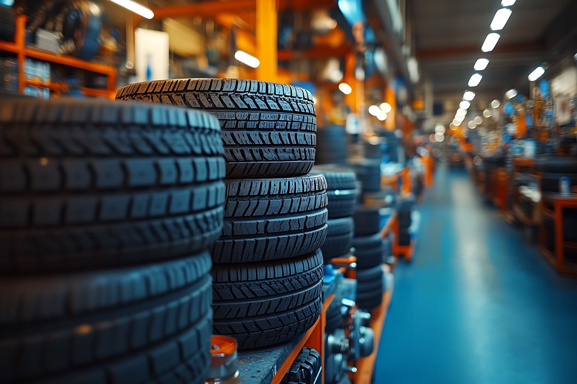 Des pneus empilés dans un entrepôt de fabrication, avec une chaîne de montage en arrière-plan.