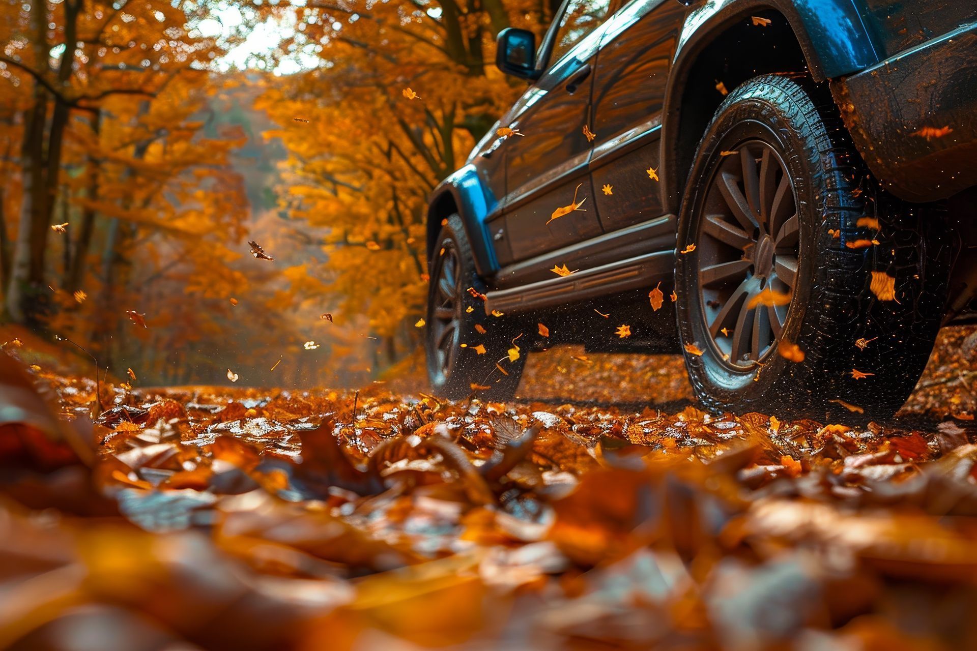 Un SUV roule sur une route recouverte de feuilles, entourée d'arbres d'automne. Des feuilles orangées volent au vent.