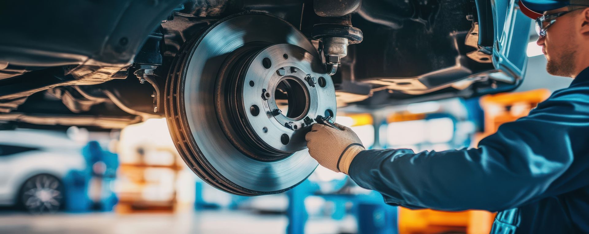 Un mécanicien travaille sur le disque de frein d'une voiture dans un garage, portant des gants et un uniforme bleu.