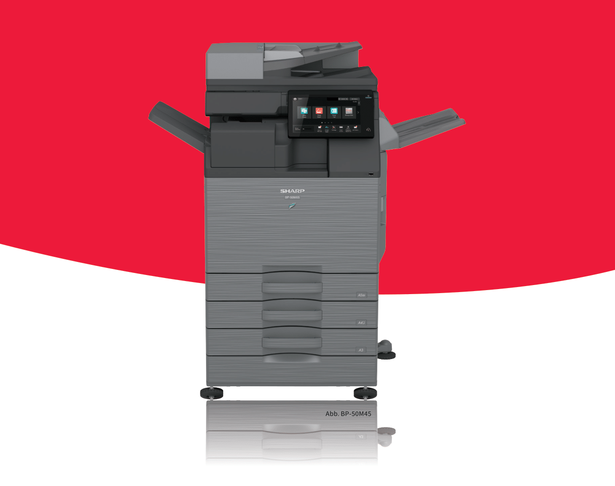 Multifunktionsdrucker auf rot-weißem Hintergrund.