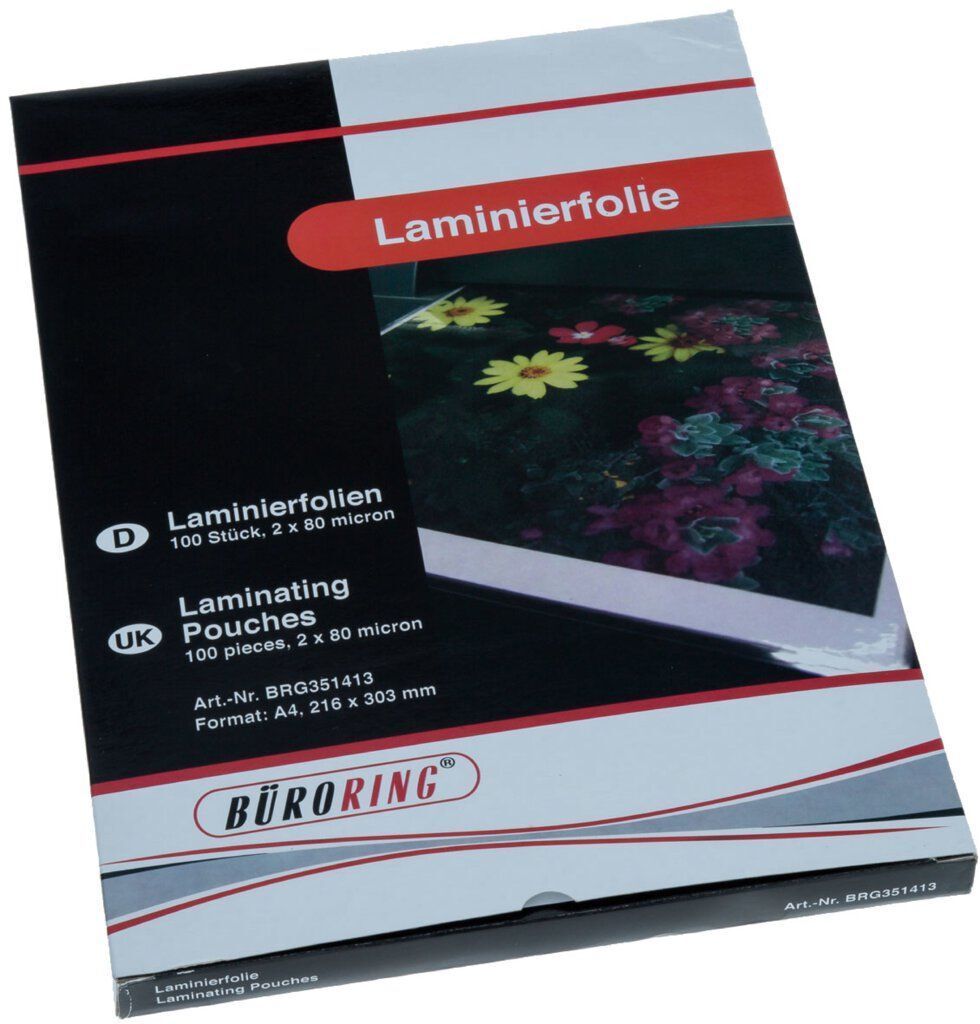 Packung mit Laminierfolien, schwarz-weißer Karton, rotes Etikett mit der Aufschrift „Laminierefolie“, mit Blumenbild auf der Vorderseite.