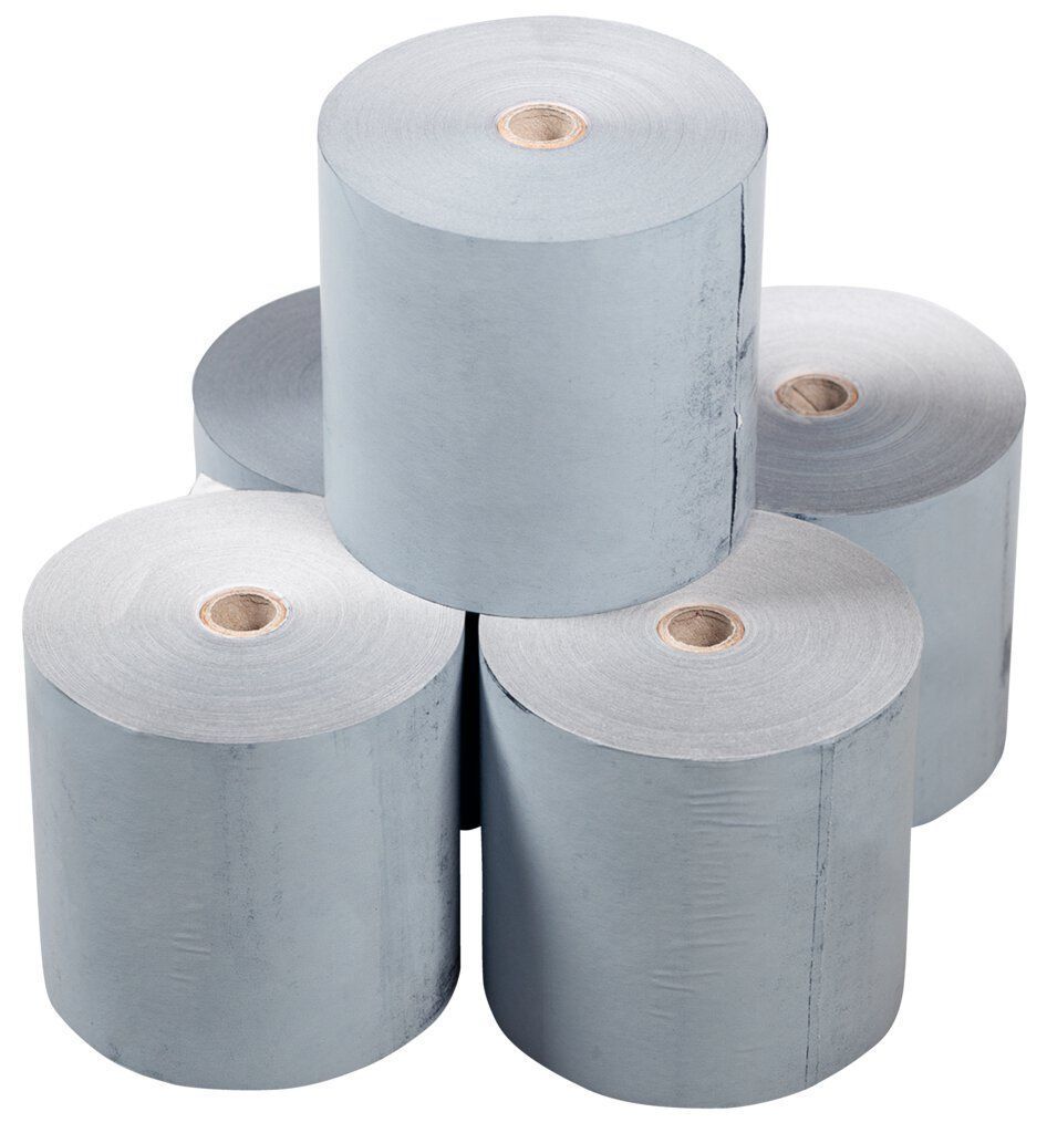 Fünf Rollen graues Kassenbonpapier übereinandergestapelt.