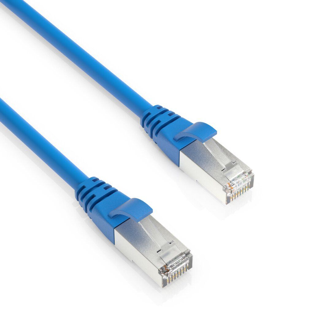 Blaues Ethernet-Kabel mit Steckern an beiden Enden.