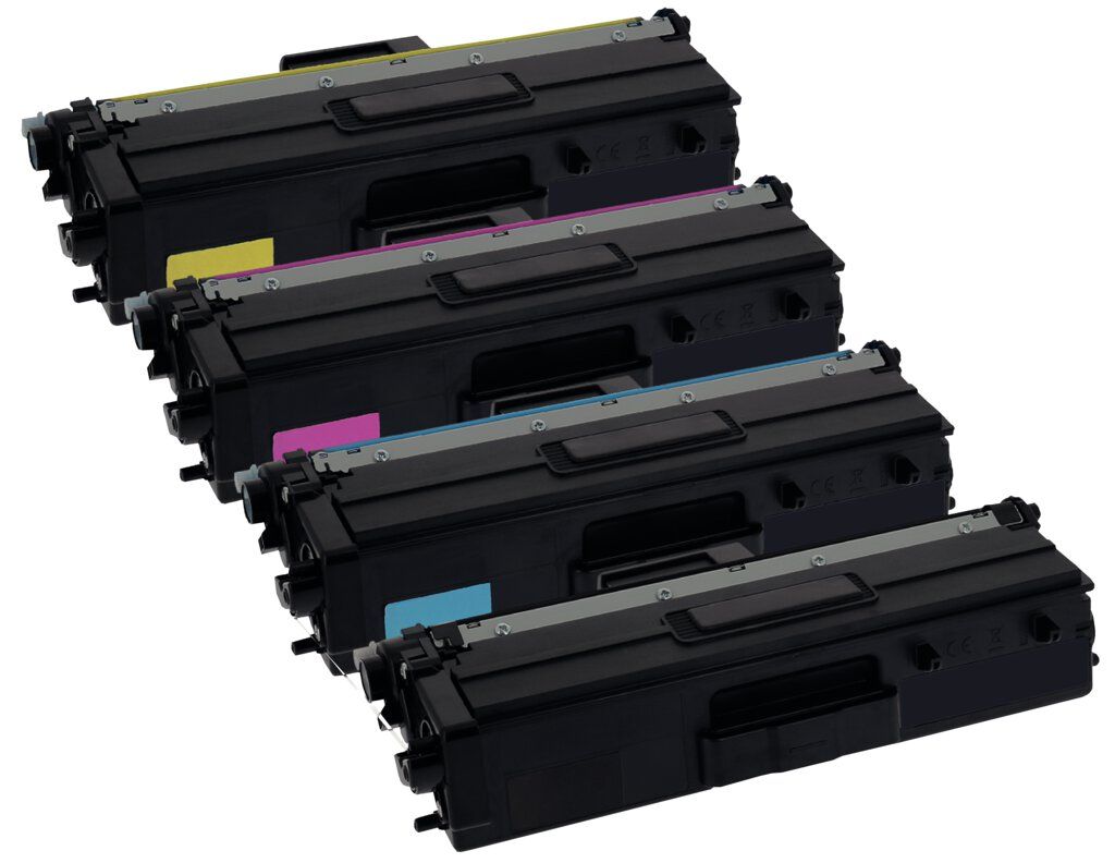 Vier Tonerkartuschen in Cyan, Magenta, Gelb und Schwarz.