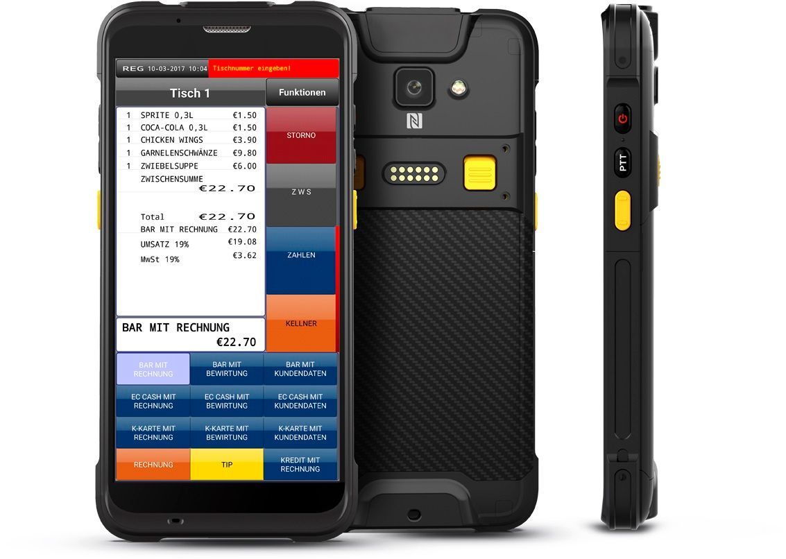 Robustes schwarzes Smartphone mit POS-Oberfläche und gelben Akzenten.