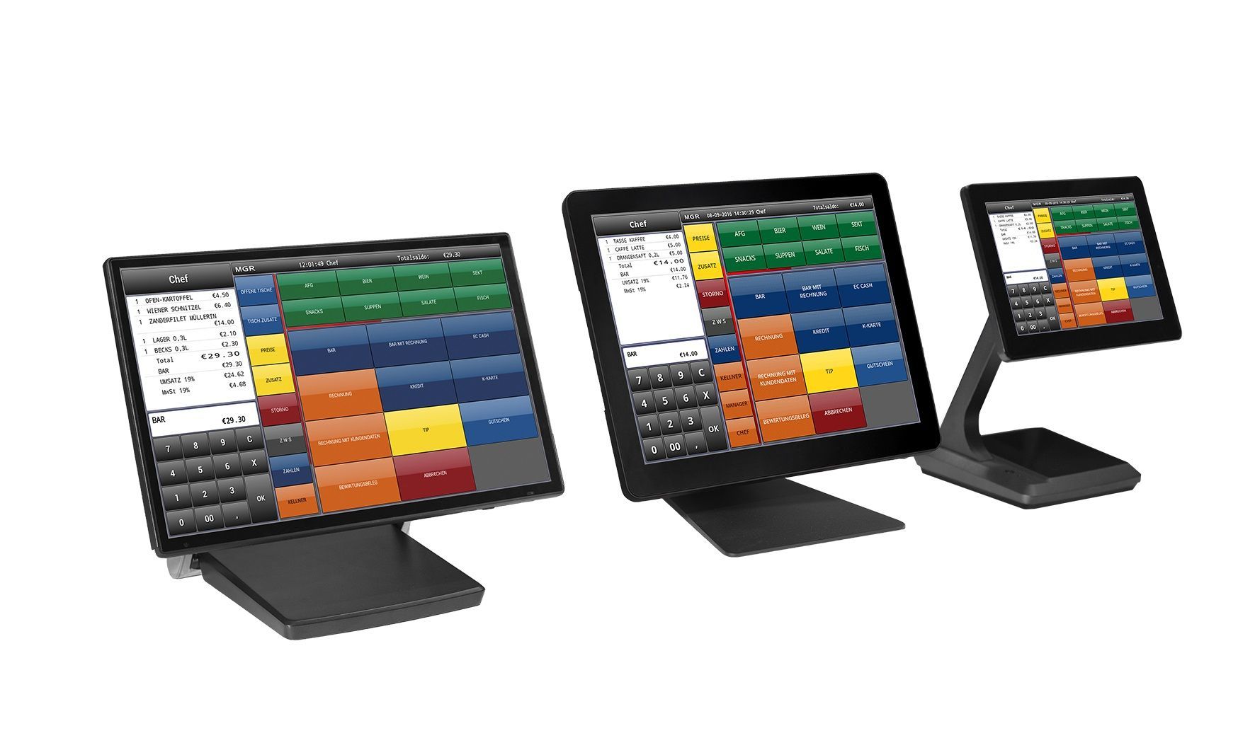 Drei POS-Touchscreen-Terminals mit farbenfroher Benutzeroberfläche; schwarze Ständer auf weißem Hintergrund.