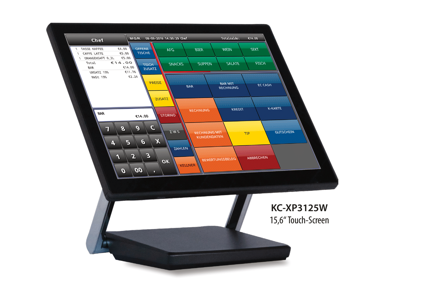 POS-Touchscreen, schräges schwarzes Display mit farbigen Tasten auf schwarzem Sockel.