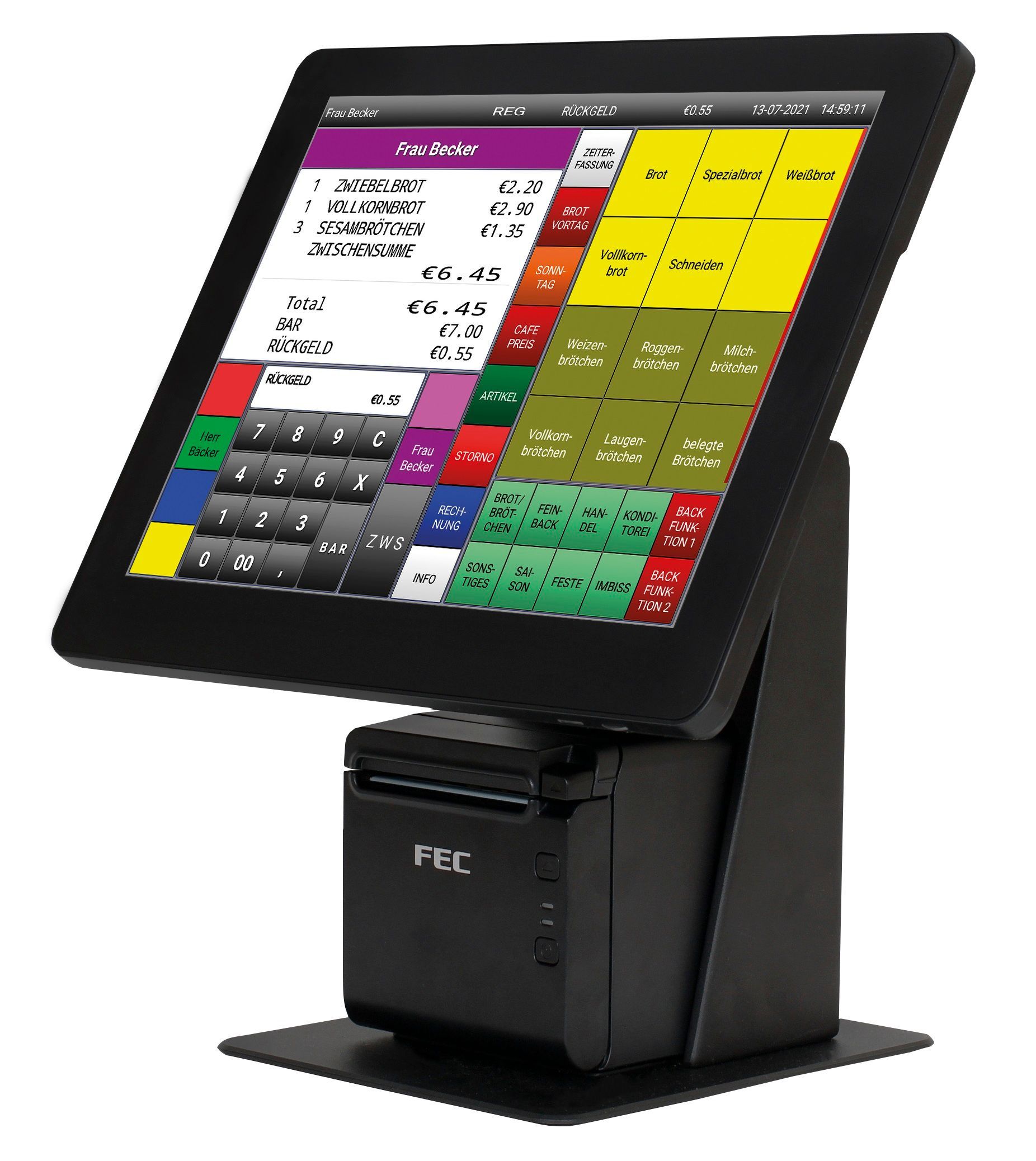 Touchscreen-Display für Kassensysteme auf schwarzem Ständer. Das Display zeigt eine Zahlungsschnittstelle mit farbigen Tasten und einen Belegdrucker.
