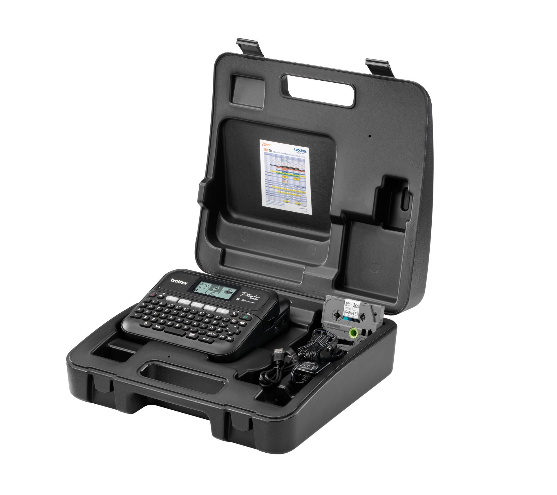 Schwarzer Koffer mit Etikettiergerät, Etiketten und Zubehör.