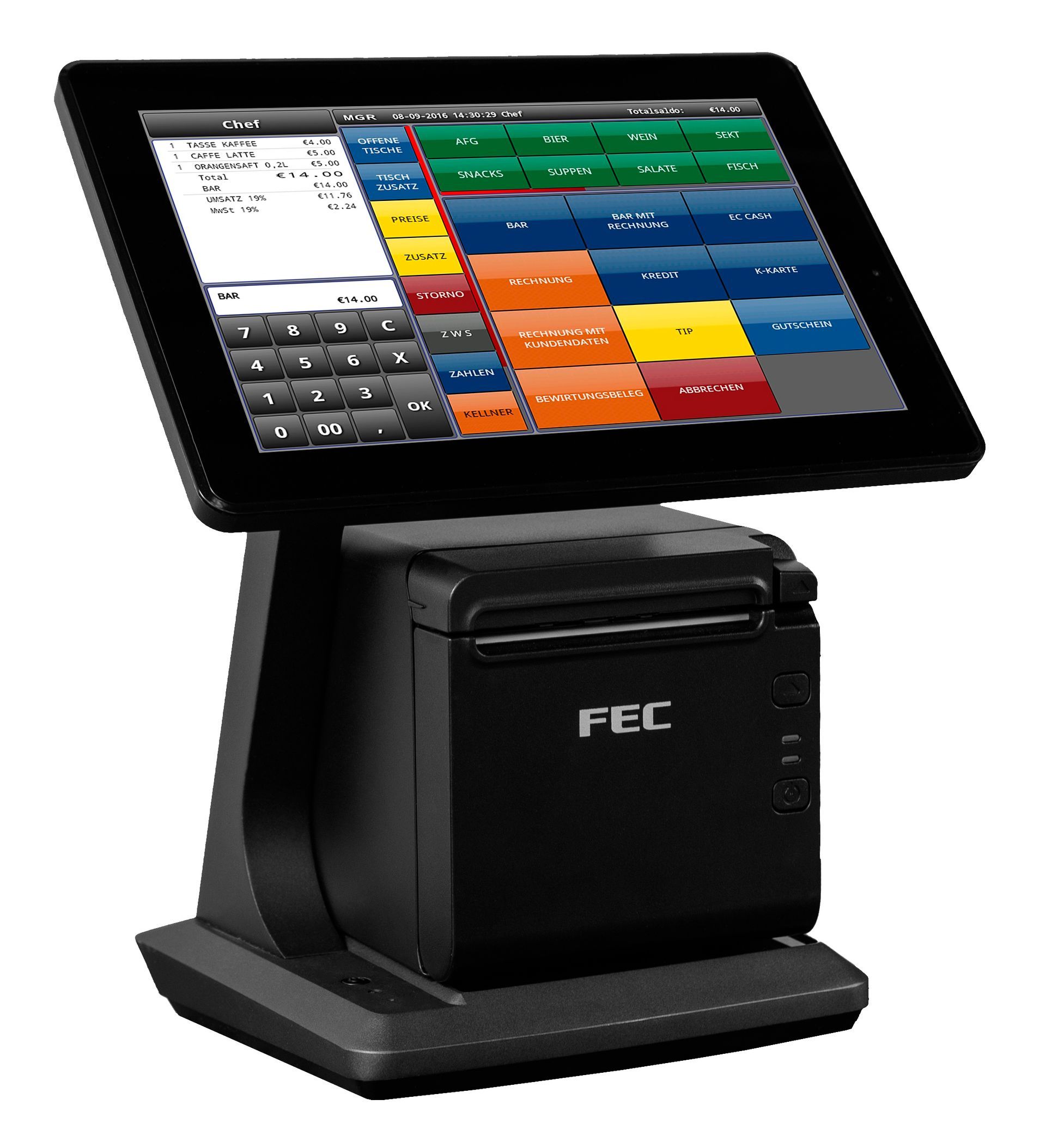 Schwarzes FEC-Touchscreen-Kassensystem mit integriertem Drucker und farbenfroher Benutzeroberfläche.