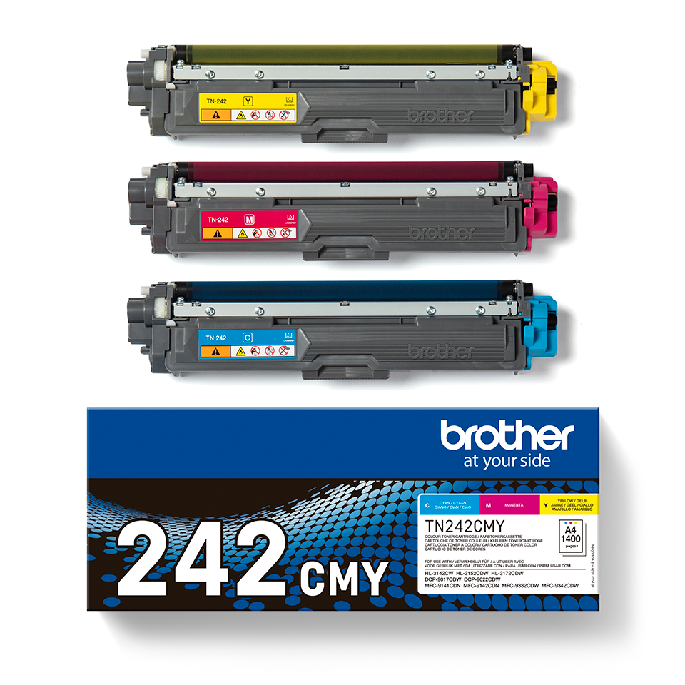Brother TN242CMY Tonerkartuschen: Cyan, Magenta, Gelb und eine Schachtel mit dem Produktnamen.