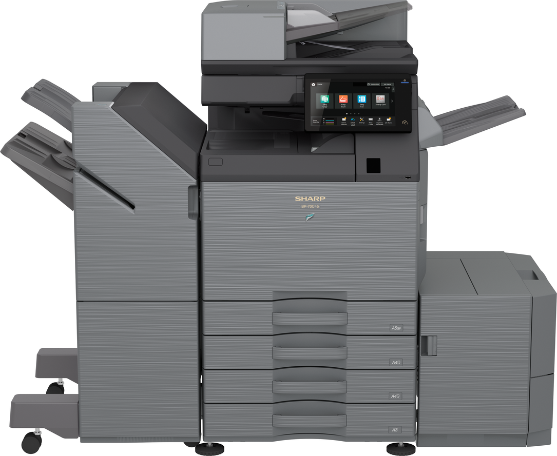 Ein großer, grauer Sharp-Multifunktionsdrucker mit Touchscreen-Bedienfeld und Papierfächern.