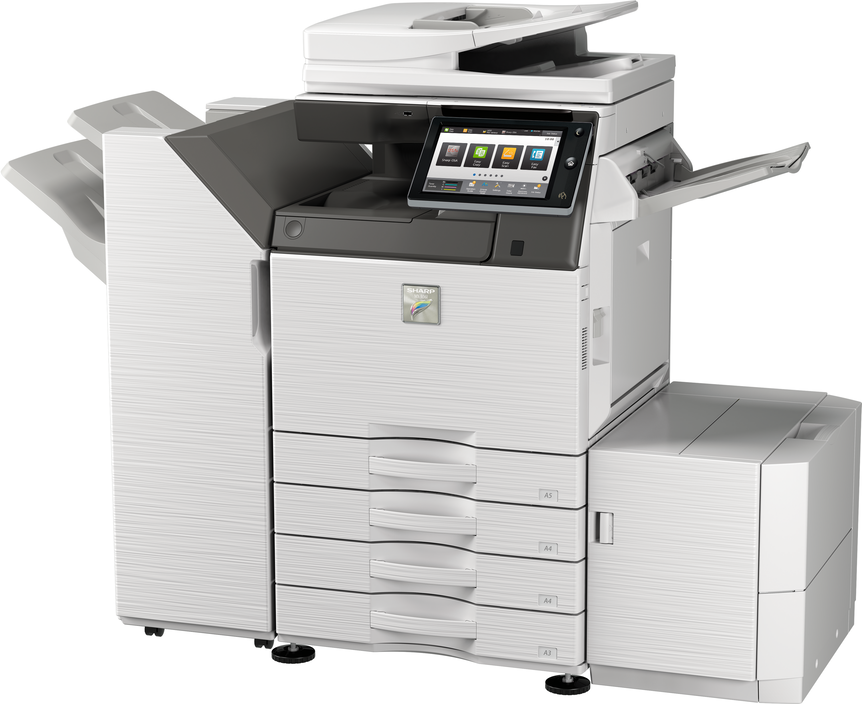 Großer, weißer Bürokopierer mit Touchscreen-Display und Papierfächern.