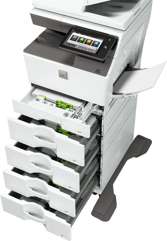 Multifunktionsdrucker mit Papierfächern, Touchscreen und Ausgabefach.