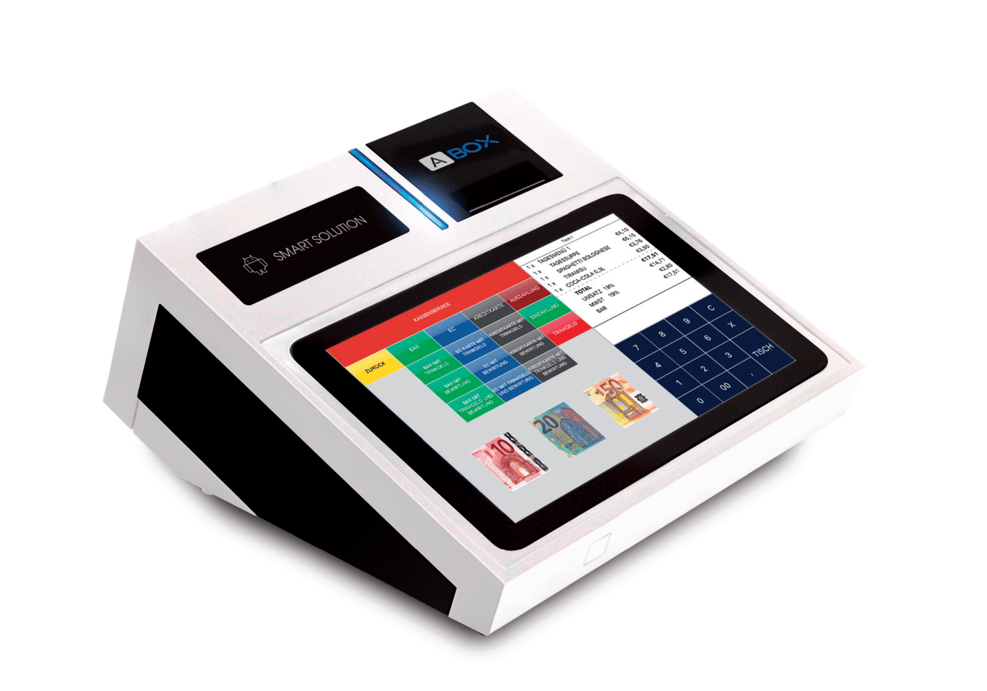 Ein weißes Kassenterminal mit einem Tablet-Bildschirm, der eine Transaktion anzeigt.