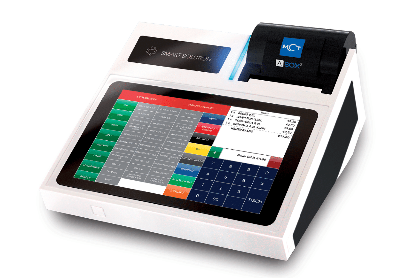 Ein weiß-schwarzes Kassensystem (POS) mit Touchscreen zur Anzeige einer Verkaufsoberfläche und einem Belegdrucker.