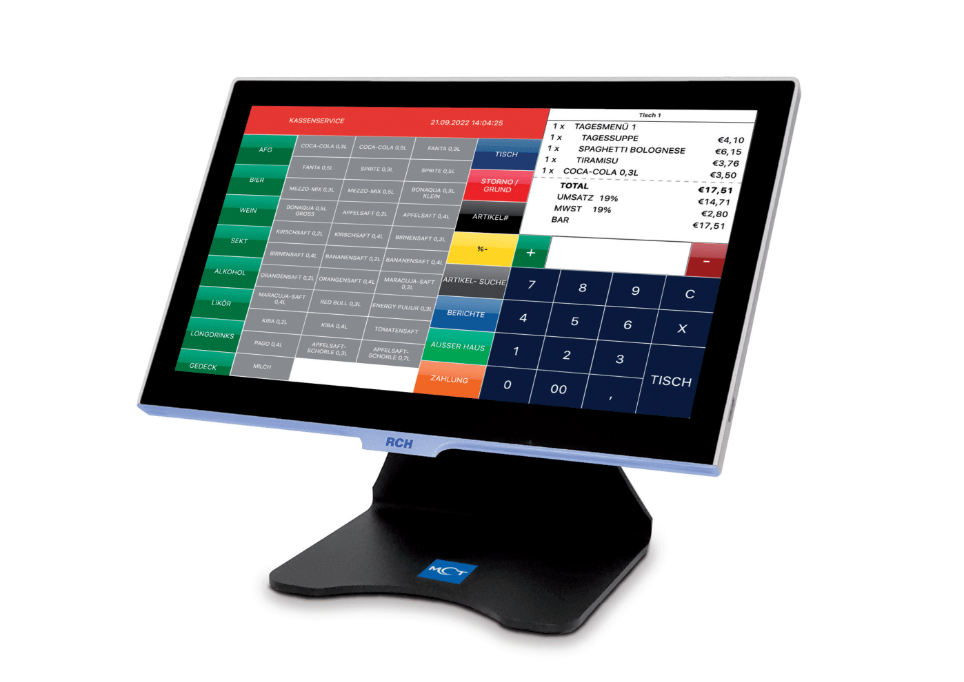Touchscreen-Computer für Kassensysteme (POS). Zeigt eine Transaktionsoberfläche mit Menüoptionen und numerischer Tastatur an.
