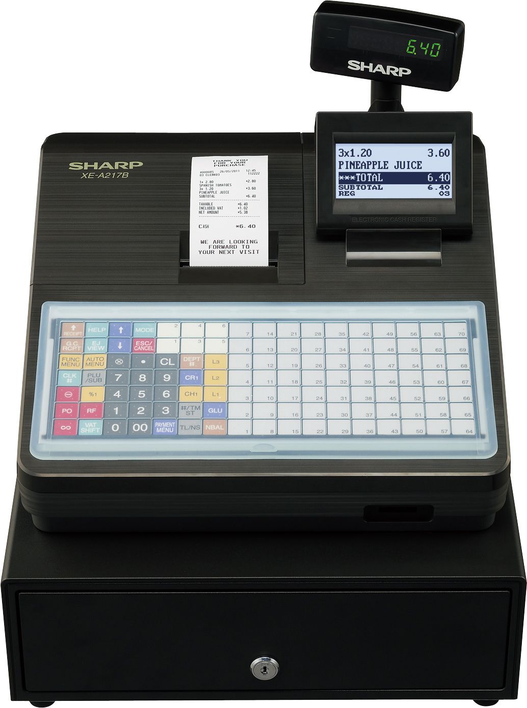 Schwarze Kasse mit farbcodierter Tastatur, Belegdrucker, Kundendisplay und Schublade.