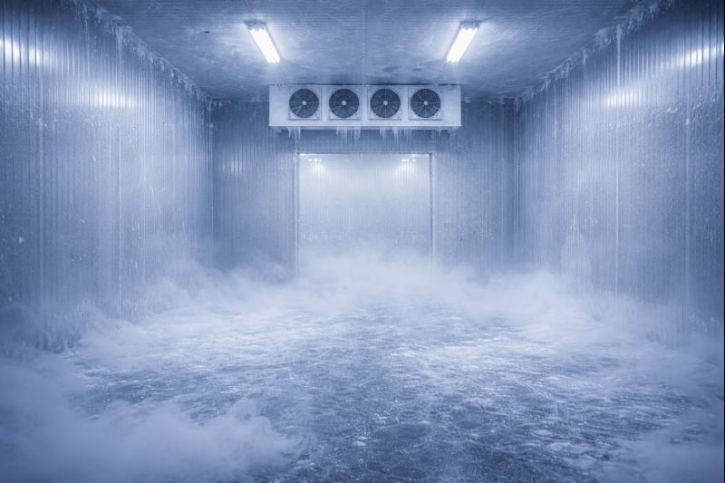 Unidad de refrigeración industrial con múltiples compresores y tuberías, sobre un fondo industrial gris claro.