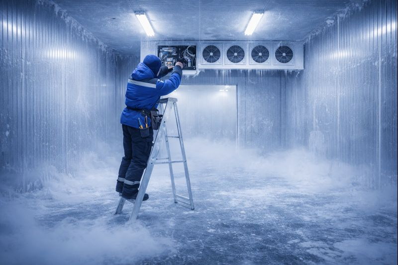 Un hombre con un mono azul repara una unidad de refrigeración en una azotea.