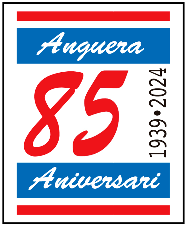 Sello conmemorativo del 85.&ordm; aniversario de Anguera. Presenta el "85" en rojo, texto azul y blanco, y bordes rojos y azules. 1939-2024.