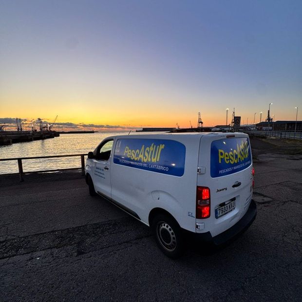 Una furgoneta de reparto blanca de PescAstur aparcada junto al agua al atardecer, cerca de un muelle con grúas.