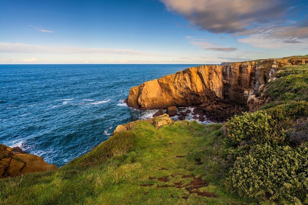 Un acantilado soleado y cubierto de hierba con vistas a un océano azul, con formaciones rocosas doradas y escarpadas bajo un cielo parcialmente nublado.
