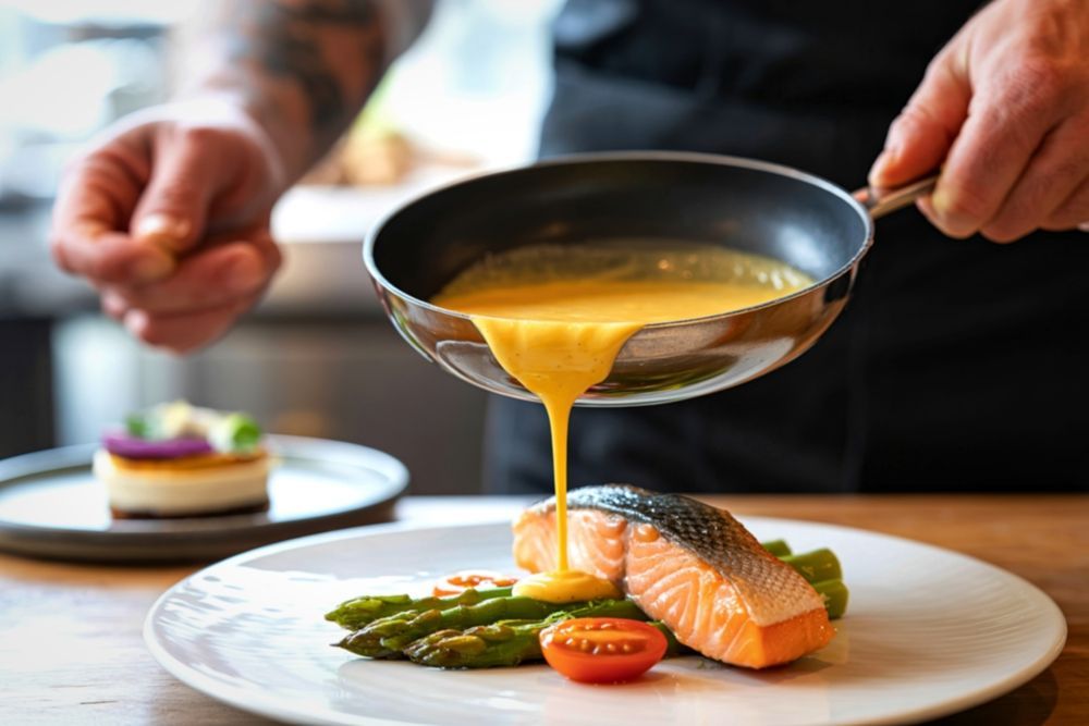 Un chef vierte una salsa amarilla sobre un filete de salmón con espárragos y un tomate cortado por la mitad en un plato blanco.