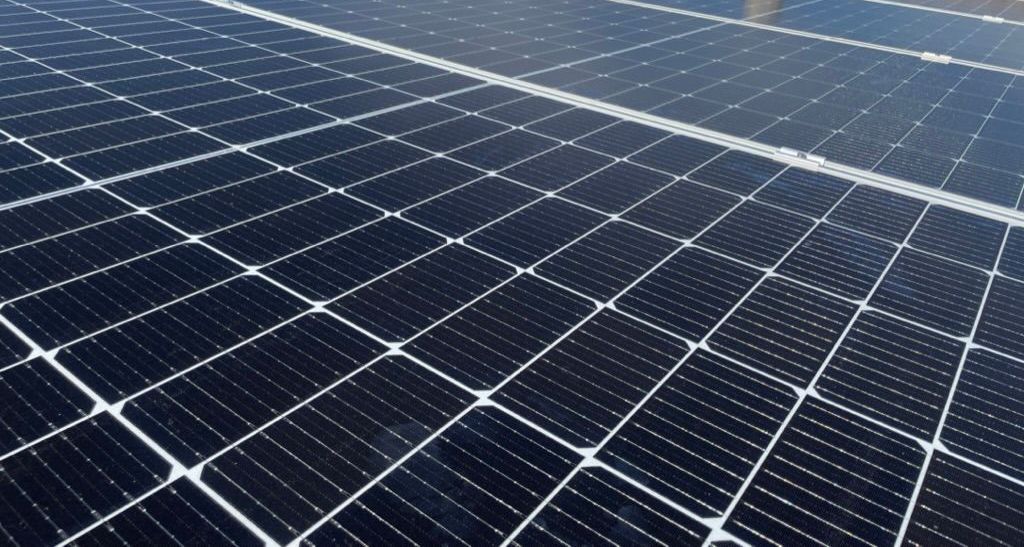 Primer plano de paneles solares, cuadrados de color azul oscuro y líneas de cuadrícula blancas, que reflejan la luz del sol.