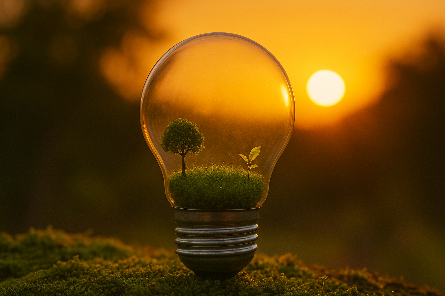 Bombilla con un paisaje en miniatura en su interior, con una puesta de sol como fondo.