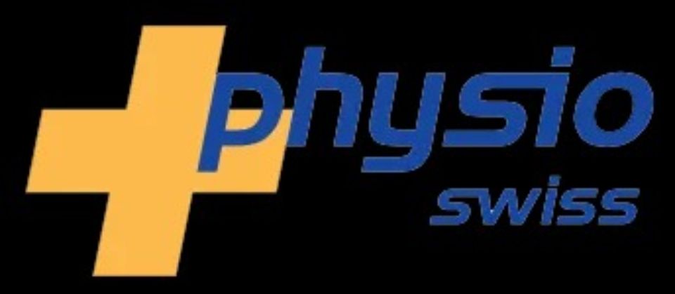 Logo: Gelbes Pluszeichen überlappt „Physio“ in Blau, darunter „Swiss“ in Blau auf Schwarz.