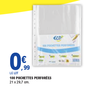 Lot de 100 pochettes perforées Éco+ au prix de 0,99 €. Dimension 21 x 29,7 cm.