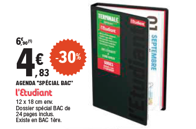 Offre -30 % sur l'agenda « spécial Bac » L'Étudiant à 4,83€ au lieu de 6,90€. 12 x 18 centimètres. Dossier spécial bac de 24 pages inclus. Existe en Bac première. Vue de l’agenda noir ouvert sur la page du premier septembre.
