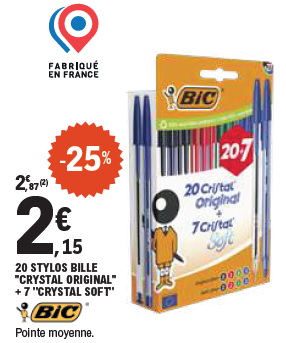 Offre -25 % sur le lot de 20 stylos bille « Crystal original » + 7 « Crystal soft » Bic pointe moyenne à 2,15 € au lieu de 2,87 €. Fabriqué en France.