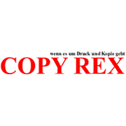 Weißes quadratisches Logo mit großem rotem Schriftzug „COPY REX“ und darüber kleinem schwarzen deutschen Text.