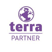 Lila Terra Partner-Logo mit Globus-Symbol über dem Wort „Terra“ und „PARTNER“ darunter