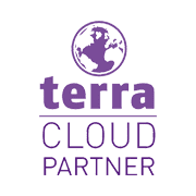 Lila Terra Cloud Partner-Logo mit Globus-Symbol und dem Schriftzug „terra CLOUD PARTNER“