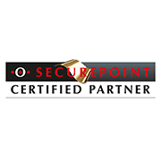 SecurePoint-zertifiziertes Partnerlogo mit schwarzer und roter Schrift auf weißem Hintergrund